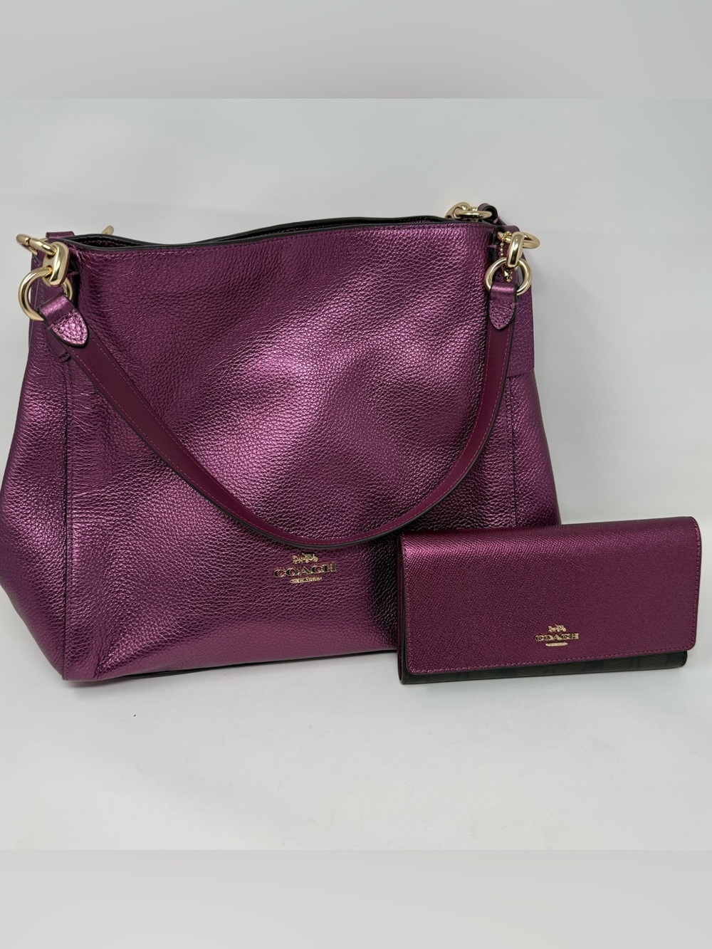 Coach Hallie Metallic Berry Leather Bag + Matching Trifold Wallet Set